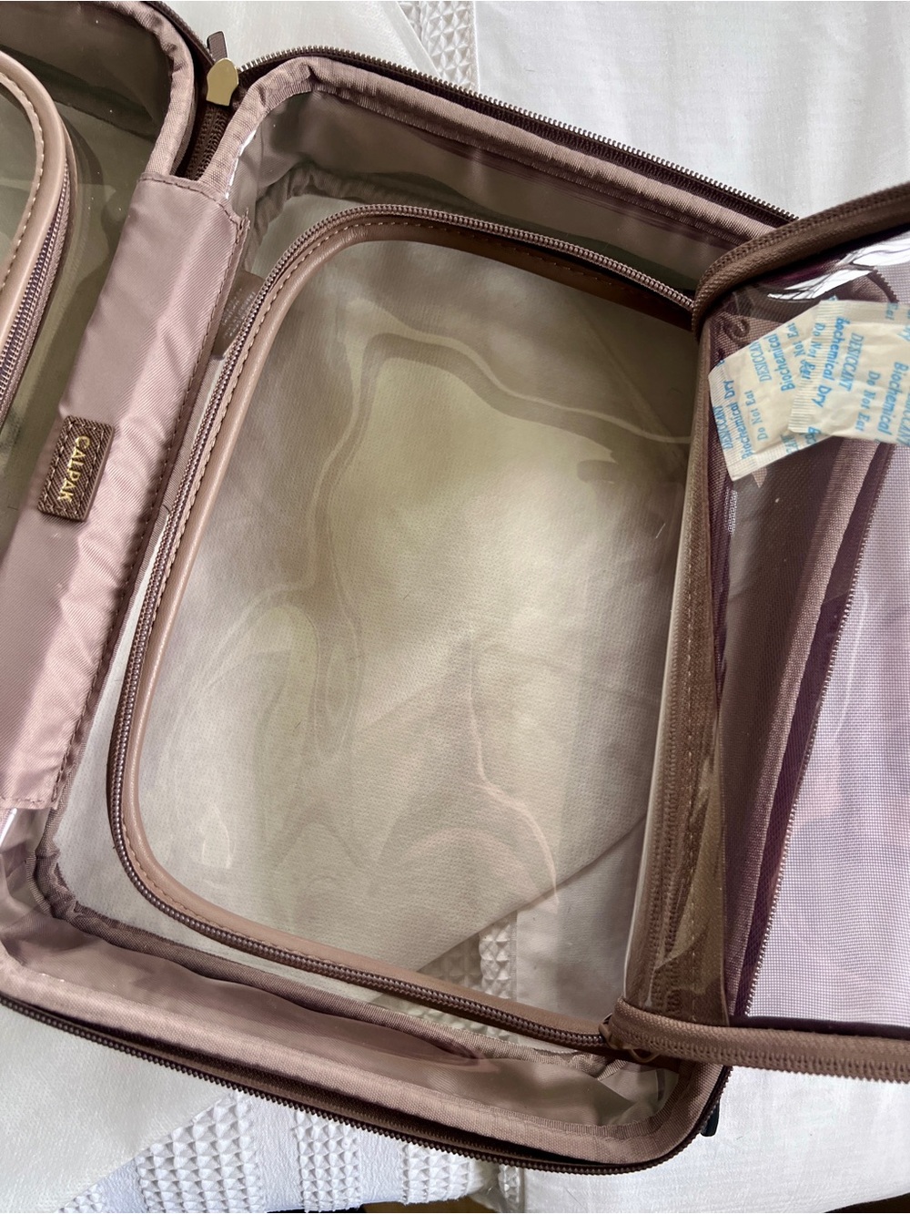 Calpak Clear Large Cosmetic Bag with Mocha Trim and Gold Hardware - New - Picture 7 of 15